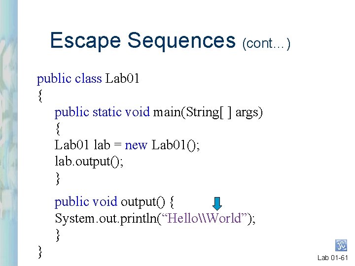 Escape Sequences (cont…) public class Lab 01 { public static void main(String[ ] args)