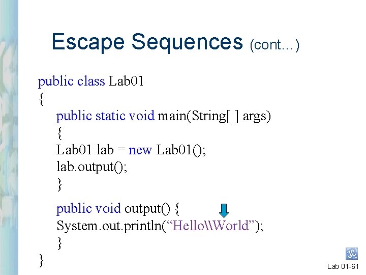 Escape Sequences (cont…) public class Lab 01 { public static void main(String[ ] args)