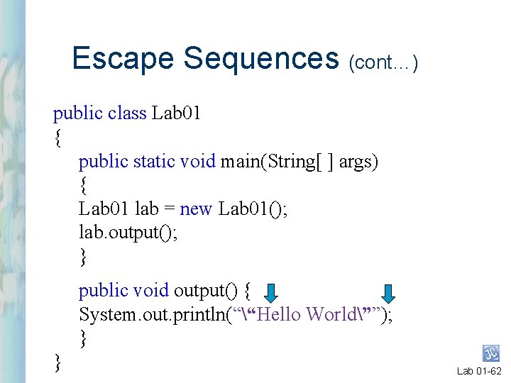 Escape Sequences (cont…) public class Lab 01 { public static void main(String[ ] args)