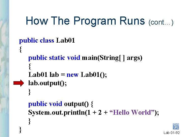 How The Program Runs (cont…) public class Lab 01 { public static void main(String[