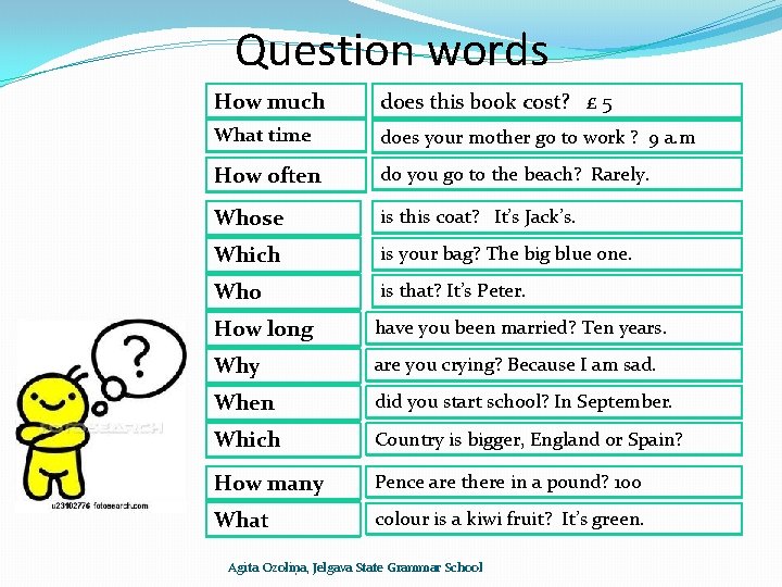 Question words How much does this book cost? £ 5 What time does your