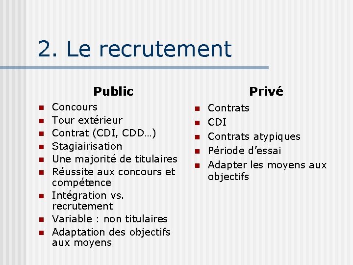 2. Le recrutement Public n n n n n Concours Tour extérieur Contrat (CDI,