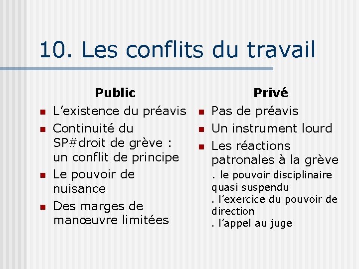 10. Les conflits du travail n n Public L’existence du préavis Continuité du SP#droit