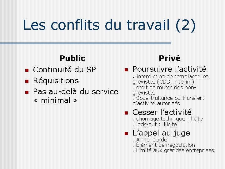 Les conflits du travail (2) n n n Public Continuité du SP Réquisitions Pas