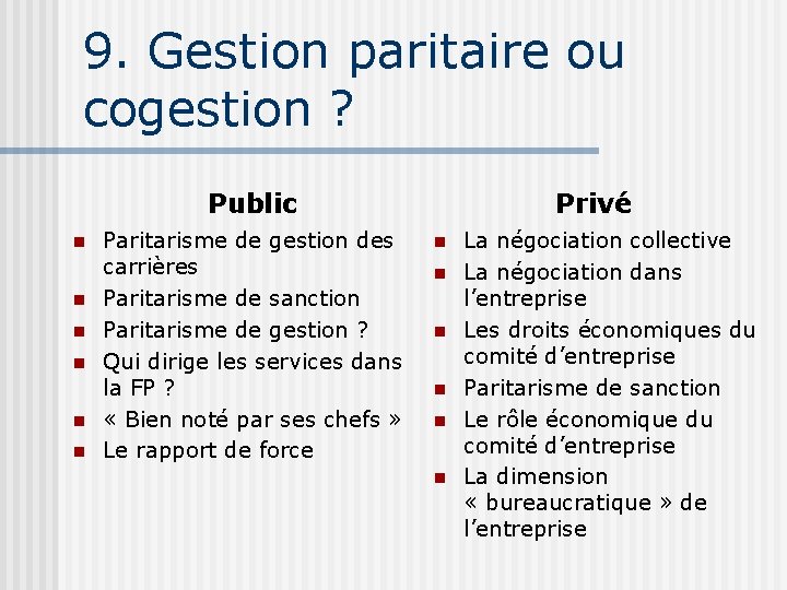 9. Gestion paritaire ou cogestion ? Public n n n Paritarisme de gestion des