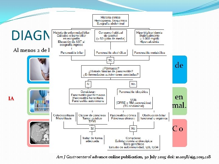 DIAGNÓSTICO Al menos 2 de los siguientes criterios: Dolor abdominal sugestivo de pancreatitis. IA