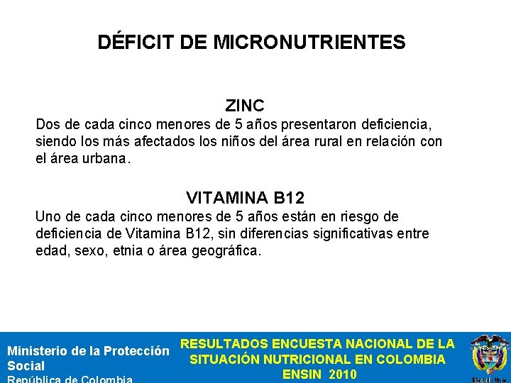 DÉFICIT DE MICRONUTRIENTES ZINC Dos de cada cinco menores de 5 años presentaron deficiencia,