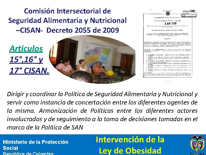 Comisión Intersectorial de Seguridad Alimentaria y Nutricional –CISAN- Decreto 2055 de 2009 Articulos 15°,