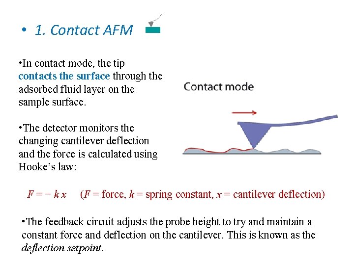  • 1. Contact AFM • In contact mode, the tip contacts the surface