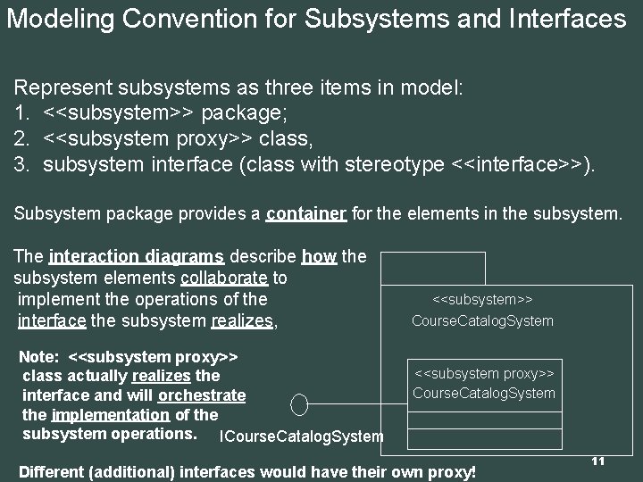 Modeling Convention for Subsystems and Interfaces Represent subsystems as three items in model: 1.