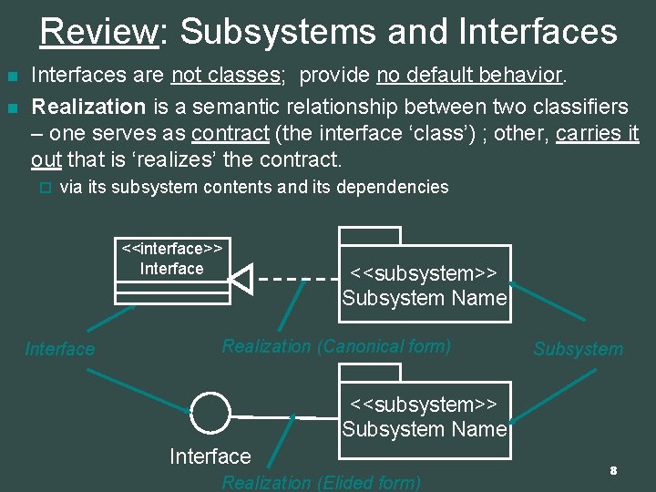 Review: Subsystems and Interfaces n n Interfaces are not classes; provide no default behavior.