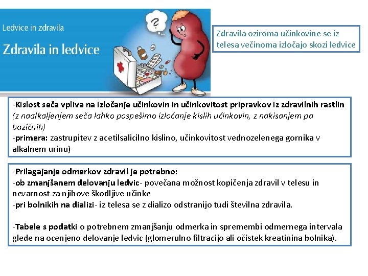 Zdravila oziroma učinkovine se iz telesa večinoma izločajo skozi ledvice -Kislost seča vpliva na