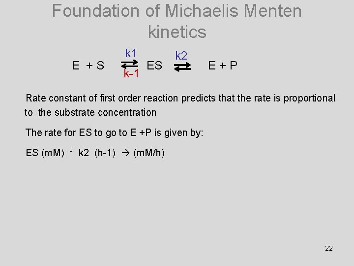 Foundation of Michaelis Menten kinetics E +S k 1 k-1 ES k 2 E+P