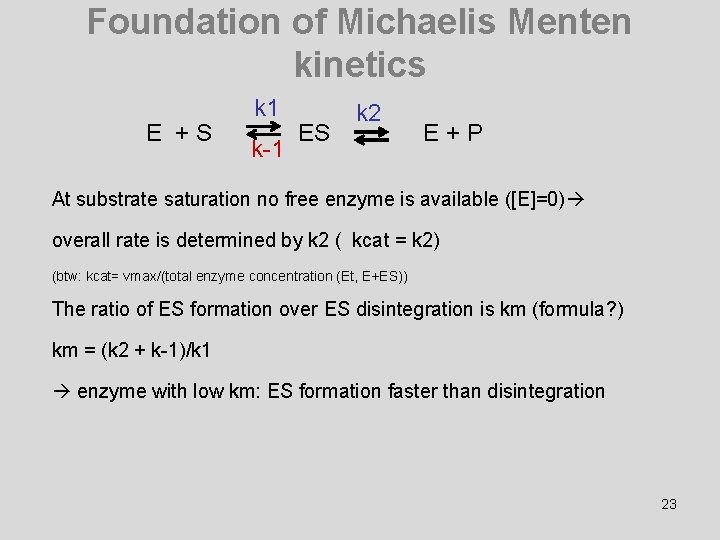 Foundation of Michaelis Menten kinetics E +S k 1 k-1 ES k 2 E+P