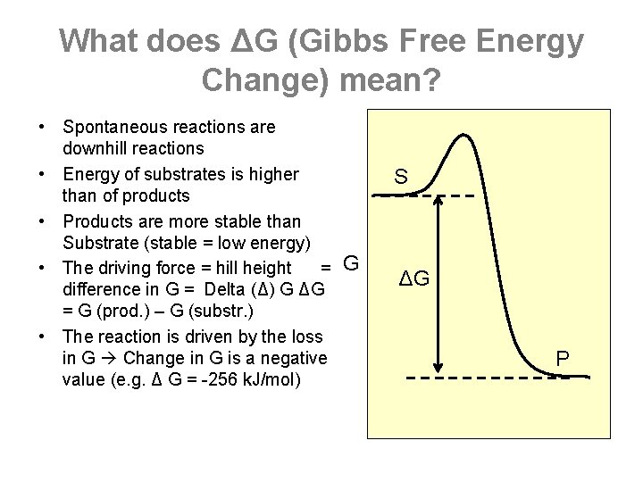 What does ΔG (Gibbs Free Energy Change) mean? • Spontaneous reactions are downhill reactions