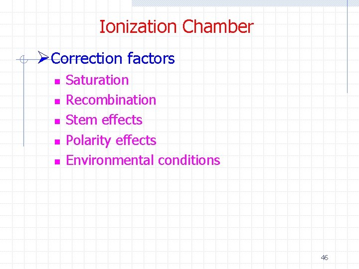 Ionization Chamber ØCorrection factors n n n Saturation Recombination Stem effects Polarity effects Environmental Ionization Chamber ØCorrection factors n n n Saturation Recombination Stem effects Polarity effects Environmental