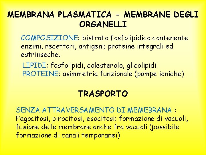 MEMBRANA PLASMATICA - MEMBRANE DEGLI ORGANELLI COMPOSIZIONE: bistrato fosfolipidico contenente enzimi, recettori, antigeni; proteine