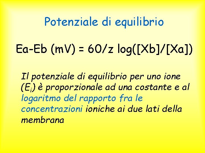 Potenziale di equilibrio Ea-Eb (m. V) = 60/z log([Xb]/[Xa]) Il potenziale di equilibrio per