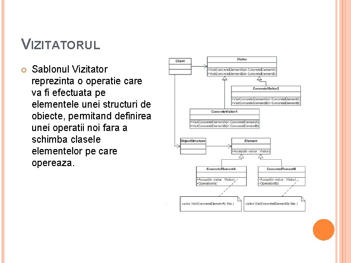 VIZITATORUL Sablonul Vizitator reprezinta o operatie care va fi efectuata pe elementele unei structuri VIZITATORUL Sablonul Vizitator reprezinta o operatie care va fi efectuata pe elementele unei structuri