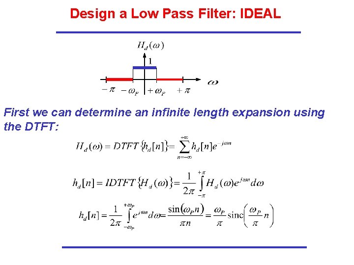 Design a Low Pass Filter: IDEAL First we can determine an infinite length expansion