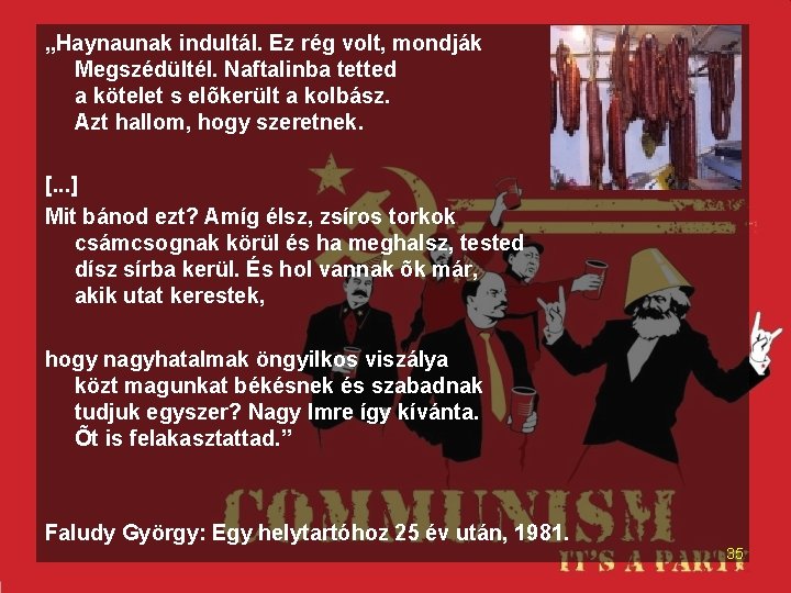 „Haynaunak indultál. Ez rég volt, mondják Megszédültél. Naftalinba tetted a kötelet s elõkerült a