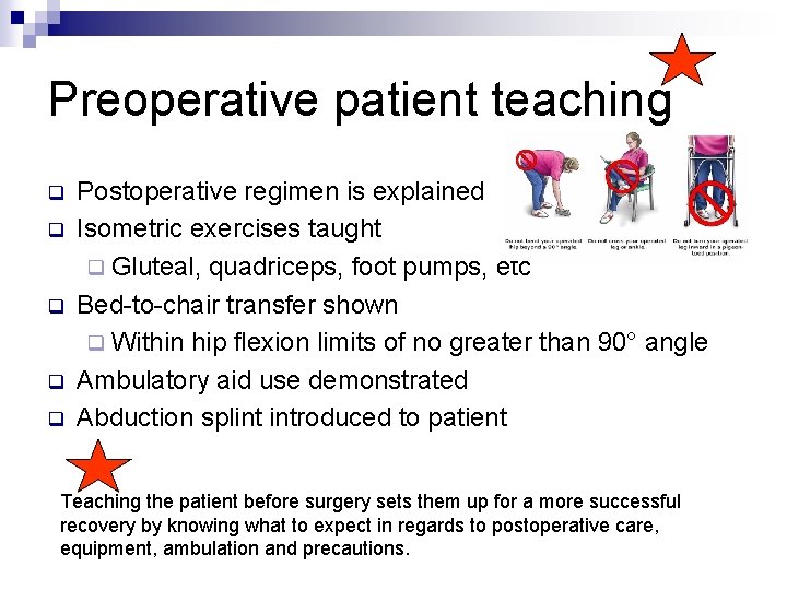 Preoperative patient teaching q q q Postoperative regimen is explained Isometric exercises taught q