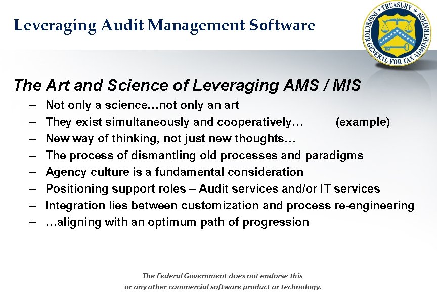 Leveraging Audit Management Software The Art and Science of Leveraging AMS / MIS –