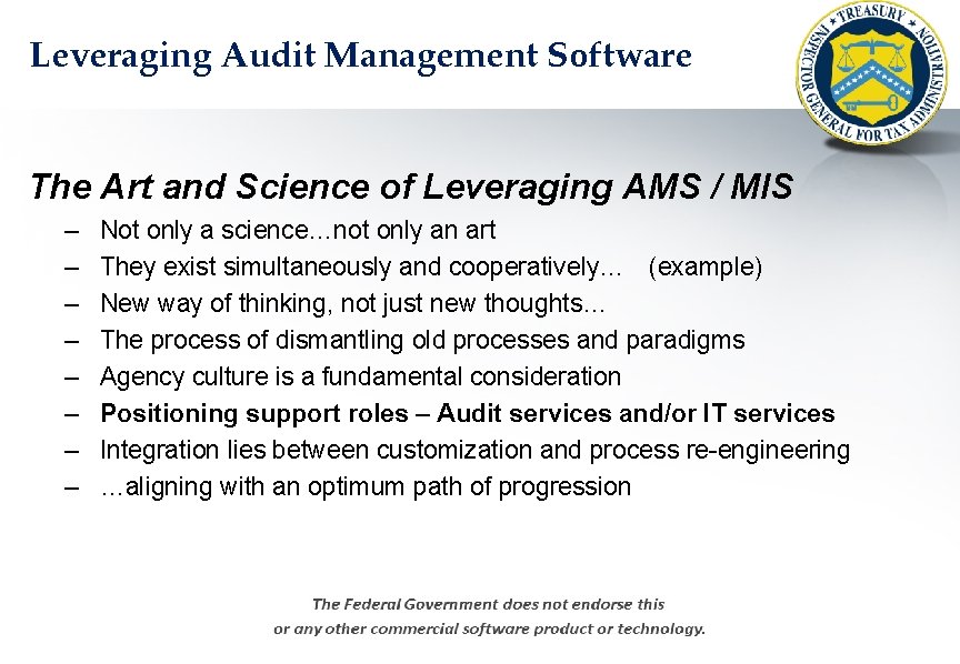 Leveraging Audit Management Software The Art and Science of Leveraging AMS / MIS –