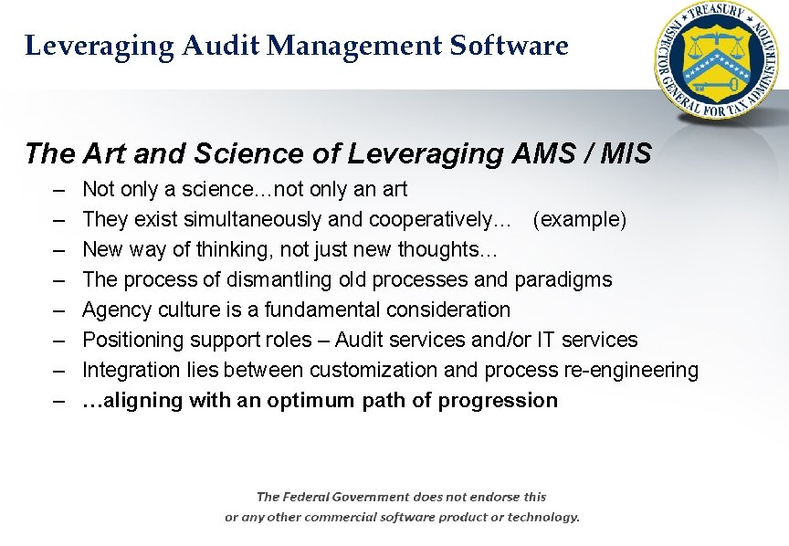 Leveraging Audit Management Software The Art and Science of Leveraging AMS / MIS –
