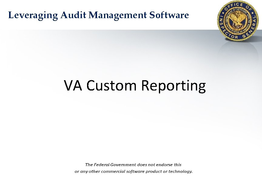 Leveraging Audit Management Software VA Custom Reporting 01 February 2012 Author: Billy S. Benge