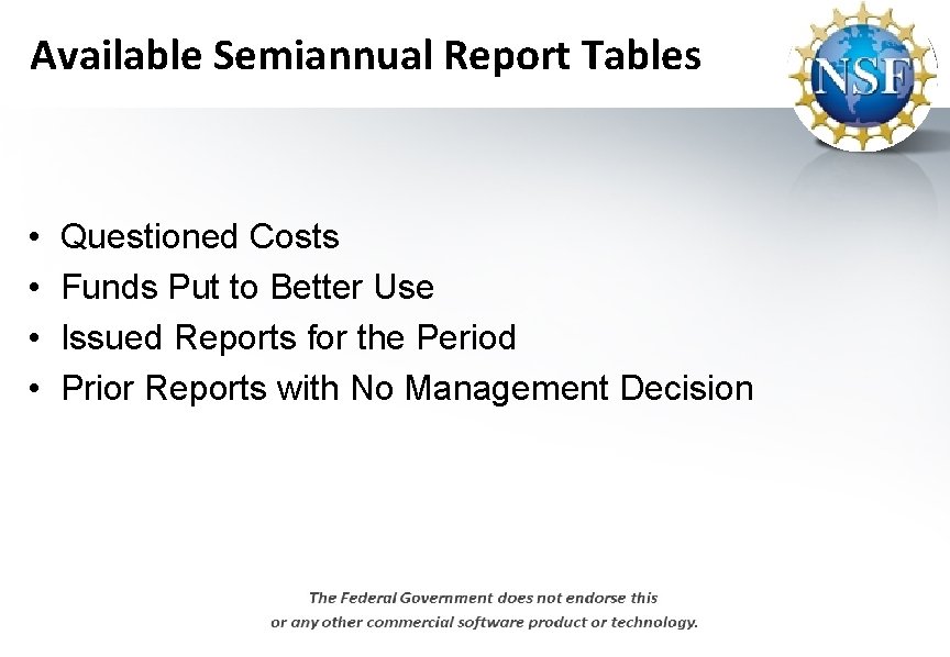 Available Semiannual Report Tables • • Questioned Costs Funds Put to Better Use Issued