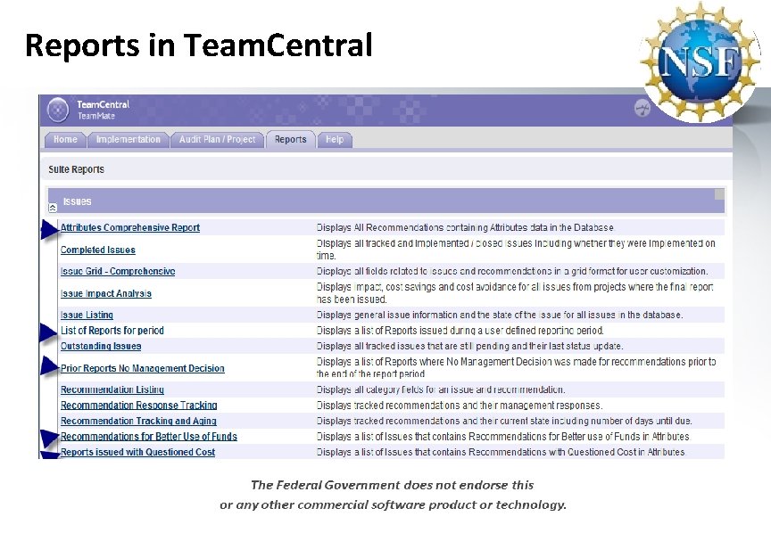 Reports in Team. Central 