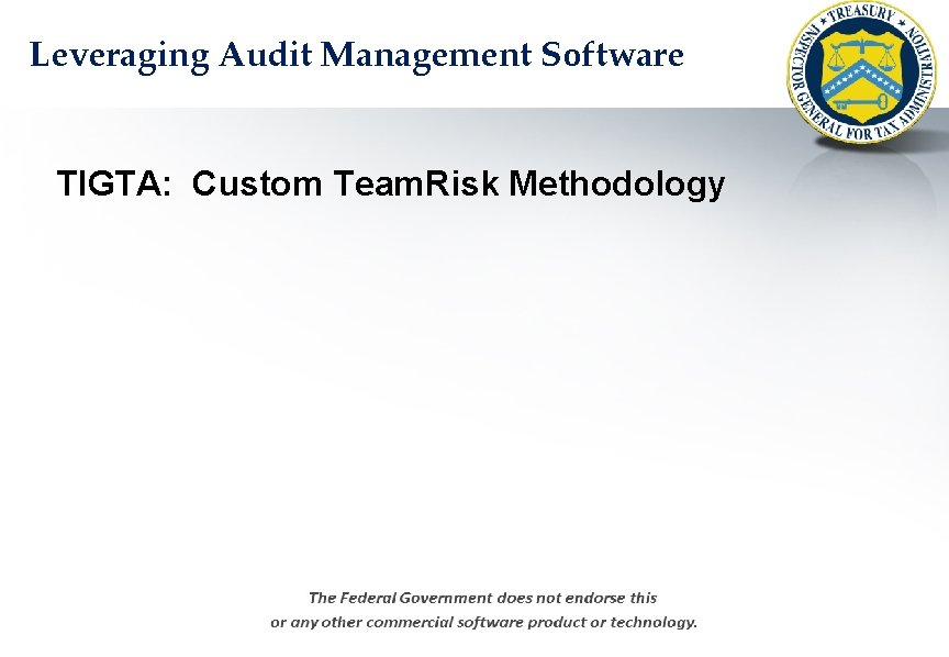 Leveraging Audit Management Software TIGTA: Custom Team. Risk Methodology 01 February 2012 Author: Billy