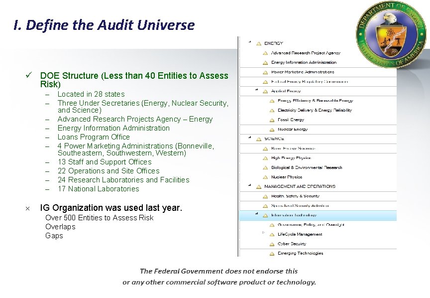 I. Define the Audit Universe ü DOE Structure (Less than 40 Entities to Assess