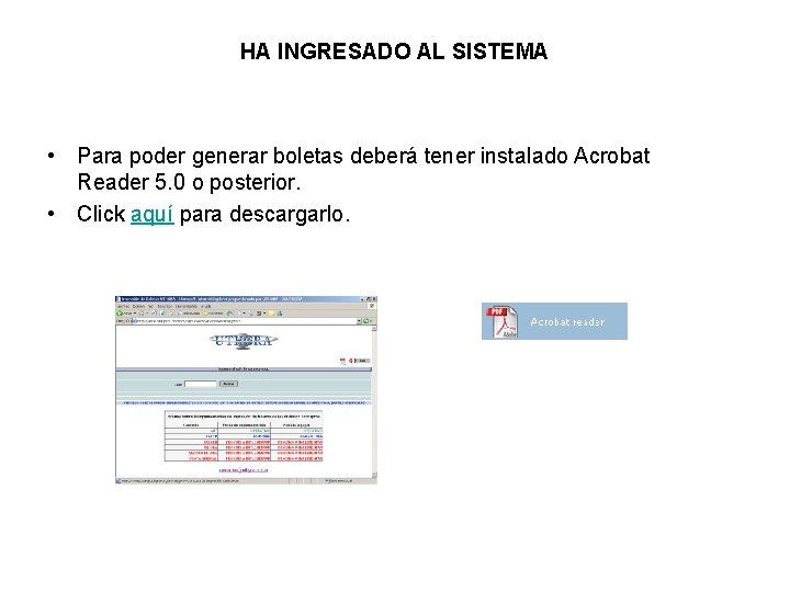 HA INGRESADO AL SISTEMA • Para poder generar boletas deberá tener instalado Acrobat Reader