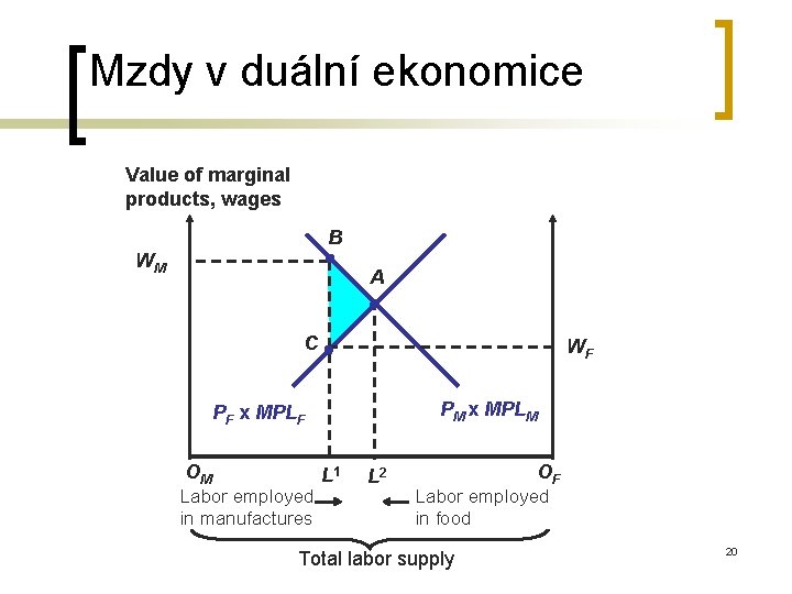 Mzdy v duální ekonomice Value of marginal products, wages B WM A C WF