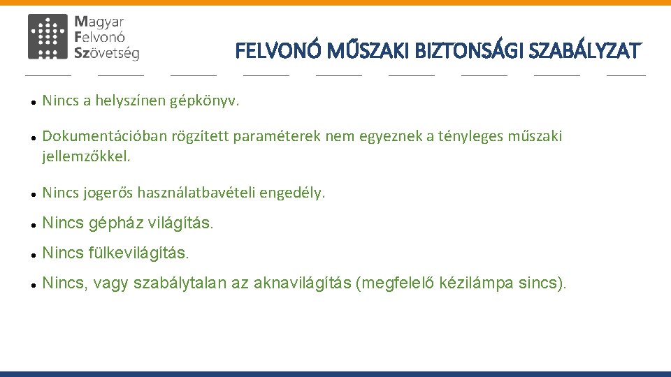 FELVONÓ MŰSZAKI BIZTONSÁGI SZABÁLYZAT Nincs a helyszínen gépkönyv. Dokumentációban rögzített paraméterek nem egyeznek a