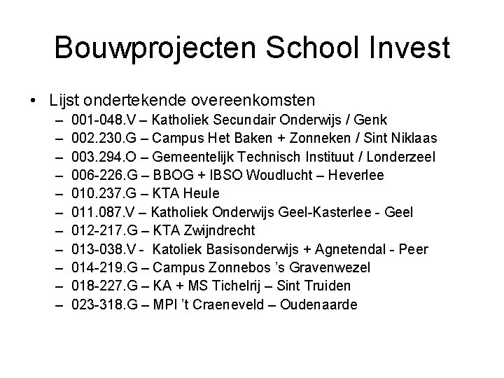 Bouwprojecten School Invest • Lijst ondertekende overeenkomsten – – – 001 -048. V –