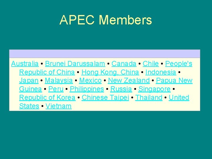 APEC Members Australia • Brunei Darussalam • Canada • Chile • People's Republic of