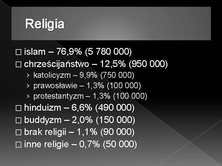 Religia � islam – 76, 9% (5 780 000) � chrześcijaństwo – 12, 5%