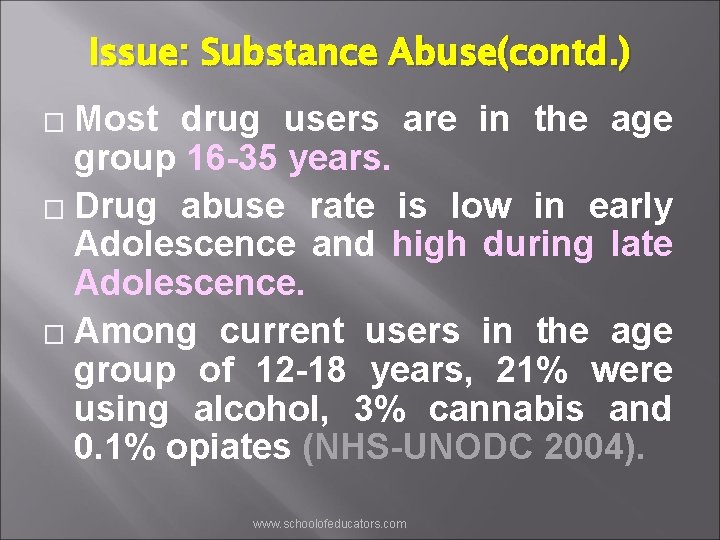 Issue: Substance Abuse(contd. ) Most drug users are in the age group 16 -35