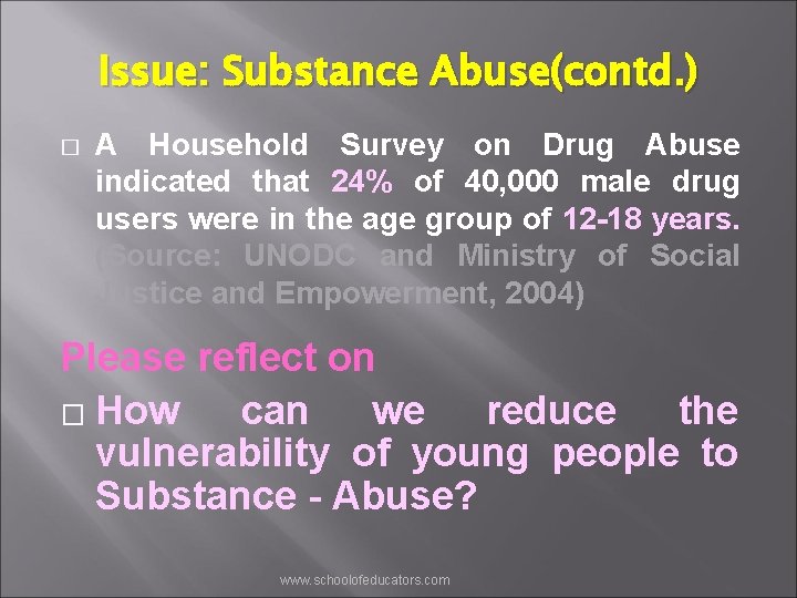 Issue: Substance Abuse(contd. ) � A Household Survey on Drug Abuse indicated that 24%