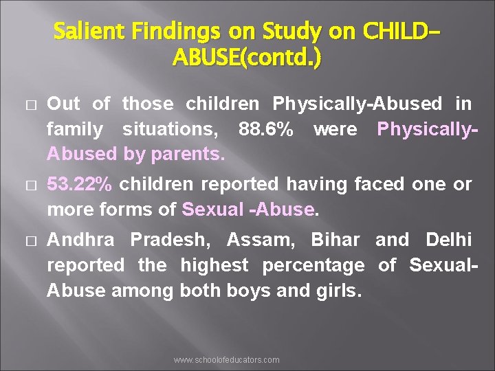 Salient Findings on Study on CHILDABUSE(contd. ) � Out of those children Physically-Abused in