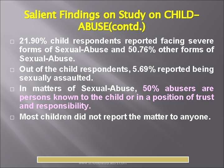 Salient Findings on Study on CHILDABUSE(contd. ) � � 21. 90% child respondents reported