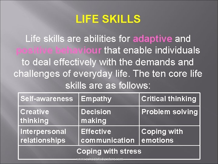 LIFE SKILLS Life skills are abilities for adaptive and positive behaviour that enable individuals