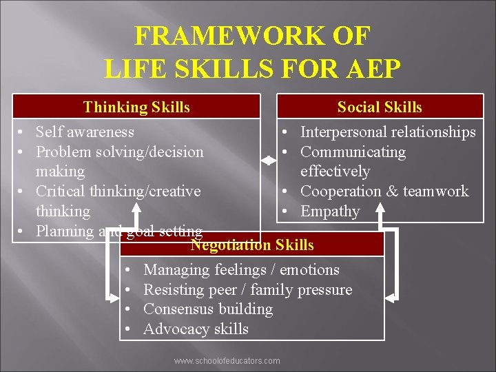 FRAMEWORK OF LIFE SKILLS FOR AEP • • Thinking Skills Social Skills Self awareness