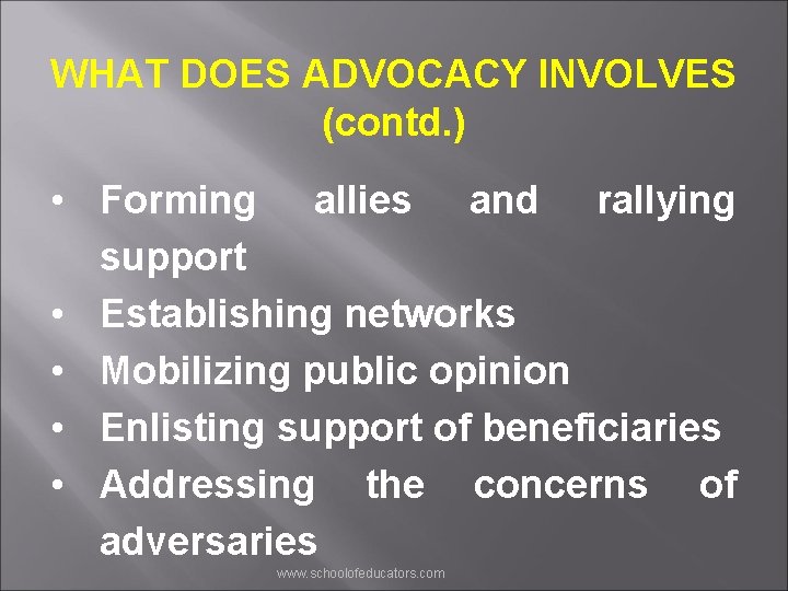 WHAT DOES ADVOCACY INVOLVES (contd. ) • Forming allies and rallying support • Establishing