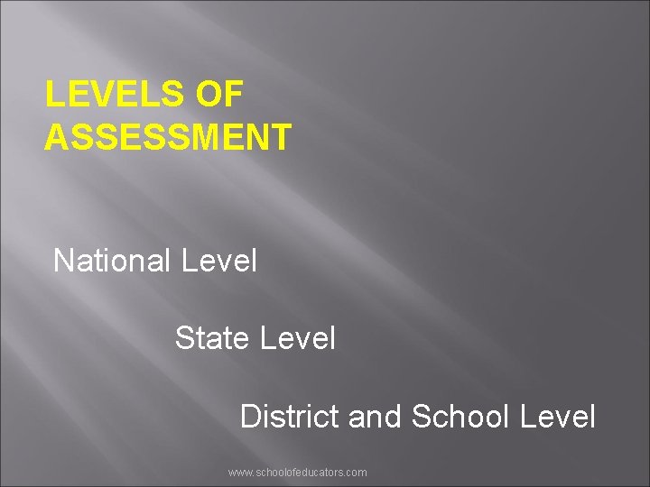 LEVELS OF ASSESSMENT National Level State Level District and School Level www. schoolofeducators. com