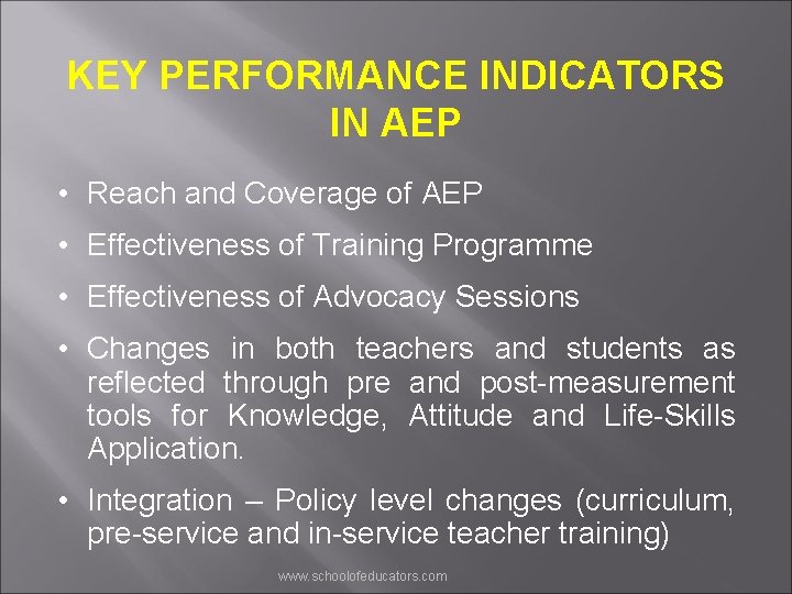 KEY PERFORMANCE INDICATORS IN AEP • Reach and Coverage of AEP • Effectiveness of