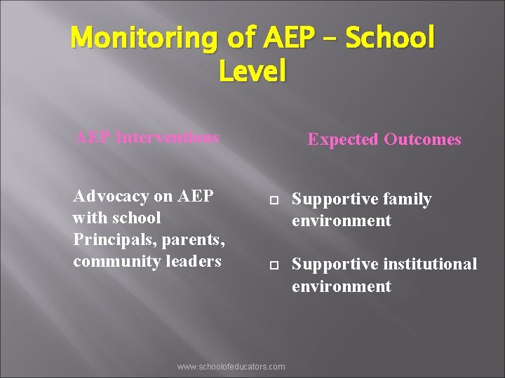 Monitoring of AEP – School Level AEP Interventions Advocacy on AEP with school Principals,